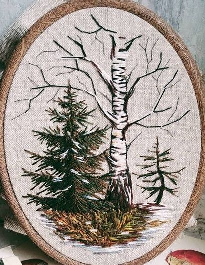 Tree Ring Embroidery, Birch Tree Embroidery, Forest Embroidery Pattern, Birch Embroidery, Nature Embroidery Inspiration, Cabin Embroidery, Woods Embroidery, Pine Tree Embroidery, Embroidery Forest