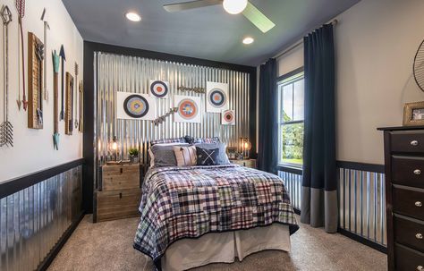 How cool is this archery-themed teen's room?? Archery Room, Archery Themed Bedroom, Teen Boy Hunting Bedroom, Hanging Bow And Arrow On Wall, Bedroom Door Signs For Teen Boys, Military Kids Room, Son Bedroom, Shared Girls Bedroom, Bedding Inspiration