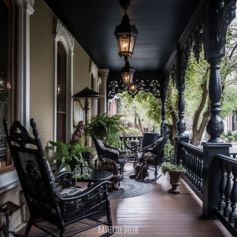 Gothic Porch Ideas, Victorian Porch Light, Goth Front Yard, Small Victorian Gothic Homes, Modern Victorian Porch, Gothic Home And Garden, Gothic Farmhouse Aesthetic, Gothic Antique Aesthetic, Victorian Gothic Farmhouse