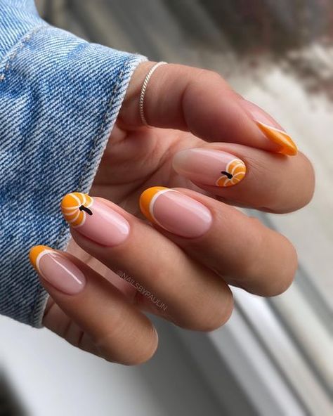 30+ Cute Pumpkin Nails For The Perfect Fall Mani; french tip nails! This includes pumpkin nails fall, pumpkin nails acrylic, pumpkin nails designs, pumpkin nails short, pumpkin nails simple, pumpkin nails 2022, pumpkin nails easy, pumpkin nails art & more! This also includes pumpkin nail designs, pumpkin nail art fall, pumpkin nail ideas, pumpkin nail art fall, fall nails, fall nails 2022, fall nail designs, fall nail art, fall nail ideas & more! #pumpkinnails #pumpkinnailideas #pumpkinnailart Pumpkin Nail Designs, Pumpkin Nail Art, Kutek Disney, Simple Fall Nails, Milky Nails, November Nails, Fall Nail Trends, Pumpkin Nails, Cute Nails For Fall