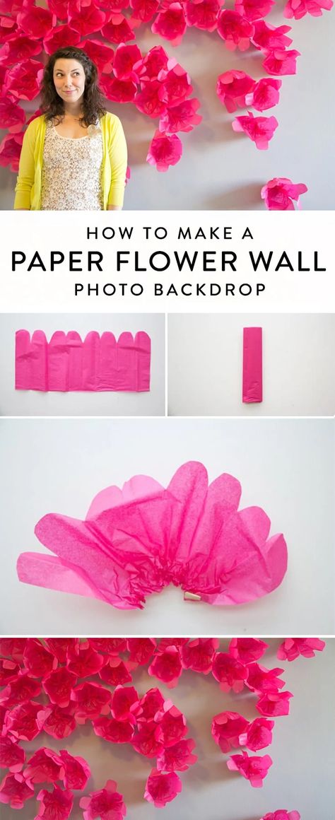 This paper flower wall is easy, fast, and very affordable. The tissue paper flower idea is simple to create and perfect for showers, weddings, parties, birthdays, and lots more. Click for the tutorial to make this photo backdrop for photography or parties. Tissue Paper Flowers Easy, Flower Diy Paper, Easter Photo Backdrop, Paper Flower Backdrop Diy, Paper Origami Flowers, Flower Party Decorations, Flower Backdrops, Tissue Paper Flowers Diy, Diy Photo Backdrop