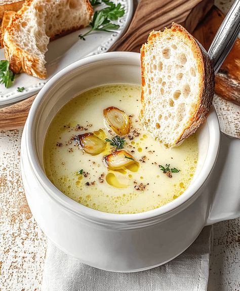 Country French Garlic Soup Recipe Quick Italian Cream Cake Recipe, Garlic Soup Recipe, Hamburger Stroganoff Recipe, Steakhouse Potatoes, Creamy Potato Soup Recipe, Chicken Broth Soup, Italian Cream Cake Recipe, Pie Bars Recipe, Hamburger Stroganoff