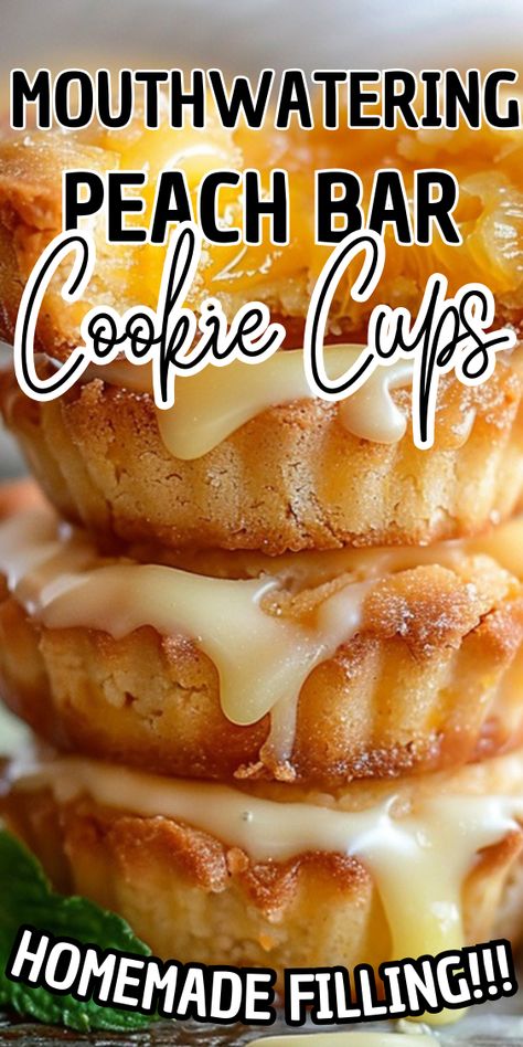 Mouthwatering Peach Bar Cookie Cups Peach Cobbler Cups Desserts, Peach Cobbler Cookie Cups, Individual Peach Desserts, Peach Cobbler Cups, Peach Treats, Peach Cobbler Cookies, Individual Peach Cobbler, Peach Bars, Peach Cookies Recipe