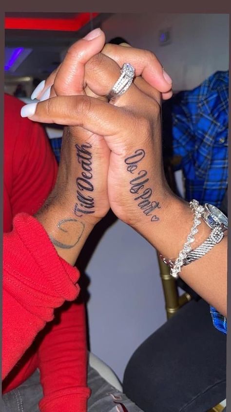 "Tattooed Lovebirds: Romantic Ideas for Couples' Tattoos" Couples Hand Tattoos, Husband Wife Tattoos, Designer Tattoo Ideas, Wife Tattoos, Couple Tats, Marriage Tattoos, Him And Her Tattoos, Designer Tattoo, Wife Tattoo