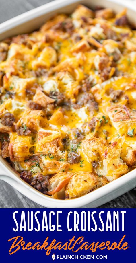 Sausage Croissant Breakfast Casserole - we love this easy overnight breakfast casserole! Only 6 ingredients! Sausage, croissants, cheddar cheese, eggs, half-and-half, and dry mustard. Assemble the night before and bake in the morning. Great for breakfast, brunch, lunch, dinner, and overnight guests. #casserole #breakfast #croissant #makeaheadcasserole Sausage Croissant, Overnight Sausage Breakfast Casserole, Easy Overnight Breakfast Casserole, Farmers Breakfast, Easy Overnight Breakfast, Vegetable Breakfast, Croissant Breakfast Casserole, Cheesy Breakfast, Breakfast Croissant