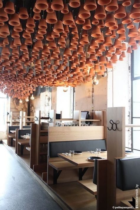 Unique and Unusual Ceiling Design Ideas  Unique and Unusual Ceiling Design Ideas is a part of our design inspiration series. Design inspirational series is a weekly showcase of incredible furniture designs from all around the world. Interesting Restaurant Design, Ceiling Design For Cafe, Ceiling Design Cafe, Unique Ceiling Design, Unique Ceiling Ideas, Cafe Ceiling, Ceiling Feature, Banquette Seating, Ceiling Installation