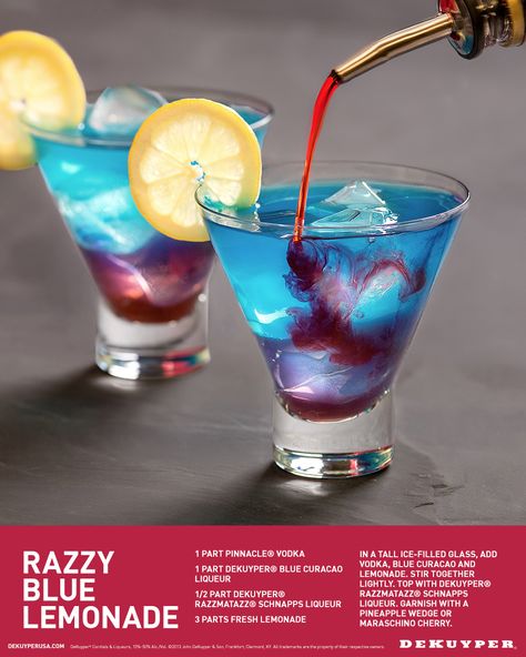 Here's a great new summertime cocktail recipe for the 4th of July or a summer BBQ party! 1 part Pinnacle® Vodka, 1 part DeKuyper® Blue Curacao Liqueur, 1/2 part DeKuyper® Razzmatazz® Schnapps Liqueur, 3 parts fresh Lemonade. Recipes 4th Of July, Lemonade Cocktail Recipe, Blue Lemonade, Summertime Cocktail, Lemonade Drink, Lemonade Cocktail, Blue Drinks, Yummy Alcoholic Drinks, Lemonade Drinks