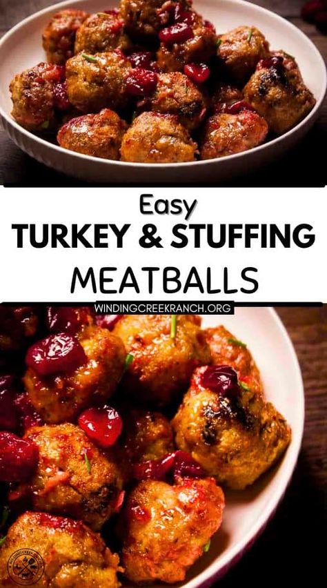 Transform holiday leftovers into something amazing! These tender turkey meatballs combine stuffing and ground turkey with a sweet-tart maple cranberry glaze. Perfect for entertaining or easy dinners - they're sure to become a new tradition! Turkey And Stuffing Meatballs, Cranberry Glazed Turkey Meatballs, Meatballs With Stuffing, Turkey Stuffing Meatballs, Turkey Cranberry Meatballs, Stuffing Meatballs, Easy Turkey Recipes Thanksgiving, Gluten Free Turkey Meatballs, Easy Turkey Meatballs