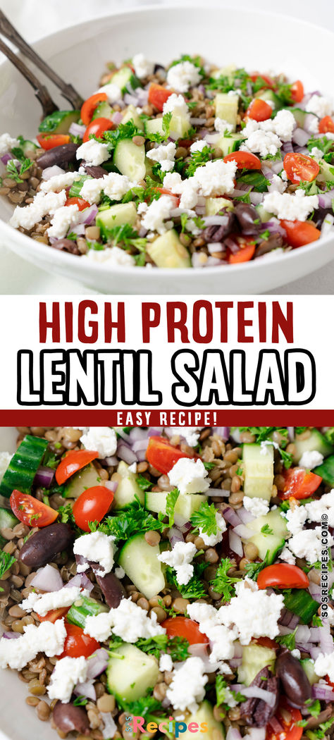 This hearty Mediterranean Lentil Salad is perfect as a lunch, side dish, or vegetarian main. Packed with cucumbers, tomatoes, olives, feta, and protein-rich lentils, you’ll love the flavors and textures! Lentil Feta Salad, Pinterest Desserts, Mediterranean Lentil Salad, Protein Salads, Mediterranean Lunch, Lentil Salad Recipes, Protein Salad, Dried Lentils, Green Lentils