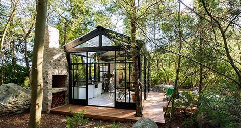 A Romantic Glass-Walled Cabin in a Forest in Swellendam Glass Cabinet Ideas, Cabin Decor Ideas, Door Decorating Ideas, Greenhouse Farming, Glass Cabinet Door, Glass Cabin, Forest Cabin, Best Nature, Romantic Retreat