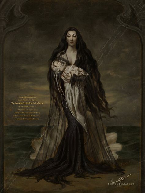 The Birth of Wednesday Addams, Denver Balbaboco on ArtStation at https://www.artstation.com/artwork/5vR3rA Gomez And Morticia, Birth Of Venus, Arte Peculiar, Morticia Addams, Goth Art, Madonna And Child, Jrr Tolkien, Addams Family, Wednesday Addams