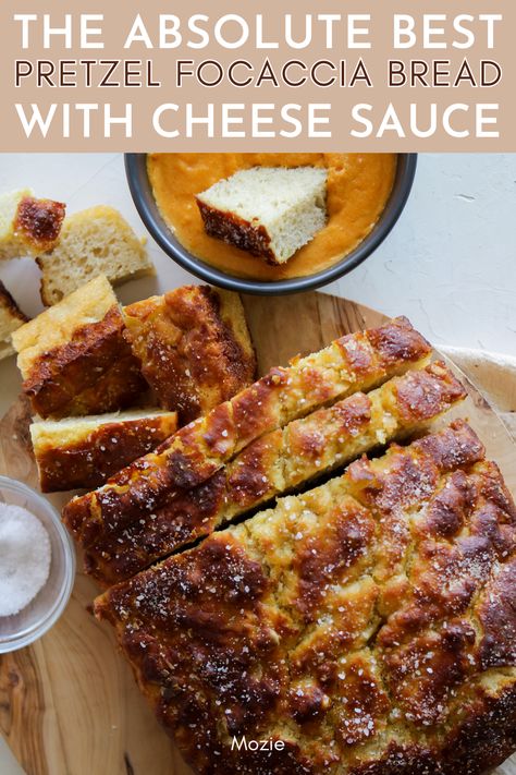 this is the absolute best pretzel focaccia bread! We are obsessed! Focaccia Bread Recipe Easy, Best Soft Pretzel Recipe, Pretzel Bread Sandwich, Focaccia Bread Pizza, Pretzel Bread Recipe, Pizza Pretzel, Pretzel Recipes, Bread With Cheese, Homemade Bread Dough