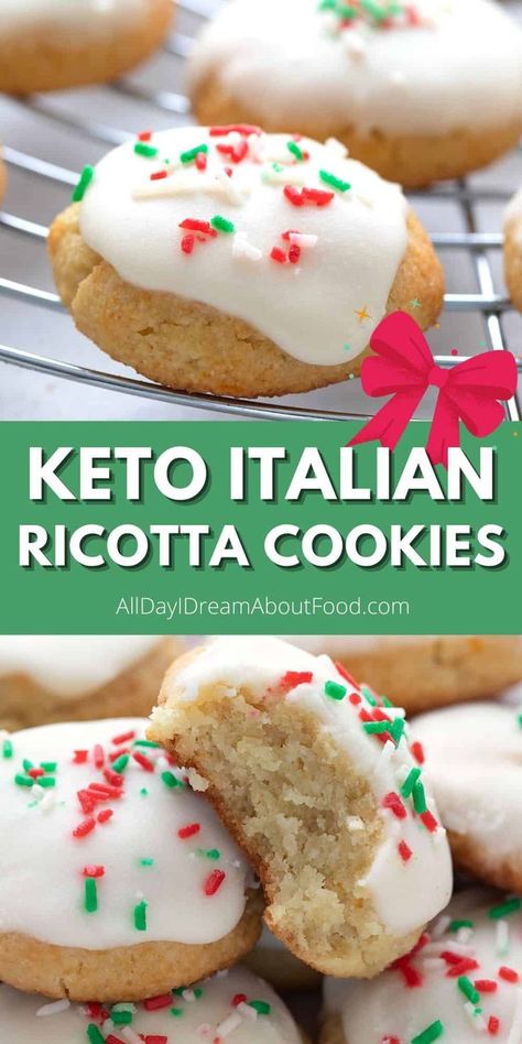 Keto Ricotta Cookies, Keto Cookies Christmas, Christmas Cookies Keto, Ricotta Recipes Keto, Soft Keto Foods, Keto Christmas Treats, Keto Ricotta Recipes, Keto Sugar Cookie Recipe, Keto Cookies Easy