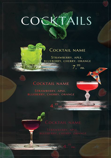 Cocktail Menu Design Ideas, Cocktail Menu Design, Drink Menu Design, Cocktail Names, Orange Cocktails, Drink List, Menu Design Template, Bar Designs, Home Bar Designs