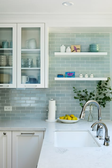 Light Green Subway Tile, Green Subway Tile Backsplash, White Stone Countertops, White Modern Farmhouse Kitchen, Blue Tile Backsplash Kitchen, Green Kitchen Backsplash, Blue Backsplash Kitchen, Glass Backsplash Kitchen, Green Subway Tile