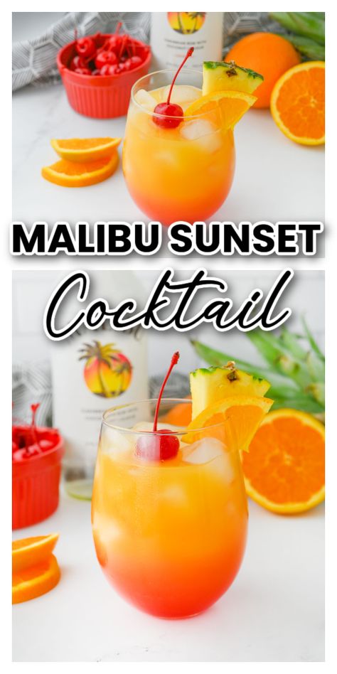 Malibu Sunset Malibu Sunset Cocktail, Sunset Cocktail Recipe, Mixed Drinks Alcohol Recipes, Rum Cocktails Easy, Malibu Rum Drinks, Malibu Cocktails, Coconut Rum Drinks, Tropical Drink Recipes, Rum Drinks Recipes