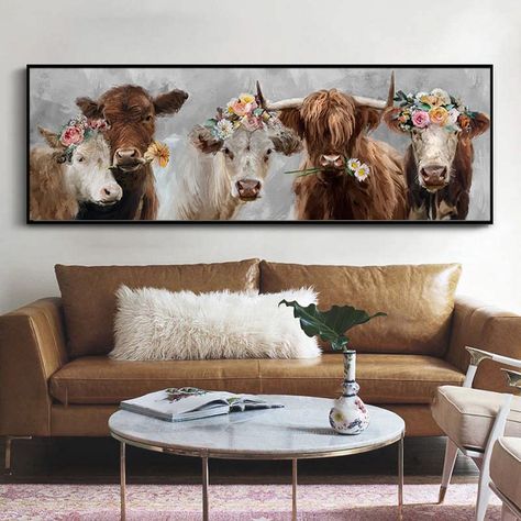 PRICES MAY VARY. 【Cow Wall Art Size】:16"x47"(40cmx120cm);floral cow wall art are unframed, you can choose to hang it or stick it on the wall according to your ideas. 【Funny Floral Cow Wall Art】:This farmhouse style wall art compines the funny cow and the simplicity of background making a fantastic effect, funny floral cow canvas painting can easily complement your home decor. Hope this chic farmhouse animal pictures can brighten your home and share your happiness and joy with us. 【Perfect Home D Cow With Flowers Painting, Highland Cow Pictures, Cow With Flowers, Cow Kitchen Decor, Unique Farmhouse Decor, Wall Art Funny, Cow Wall Art, Cow Decor, Cow Pictures