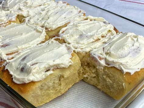 Baking pan of ermine frosted giant homemade cinnamon rolls Ermine Frosting, Cinnamon Rolls Homemade, Buttercream Frosting, Baking Pans, Cinnamon Rolls, Brown Sugar, Camembert Cheese, Frosting, Old Fashioned