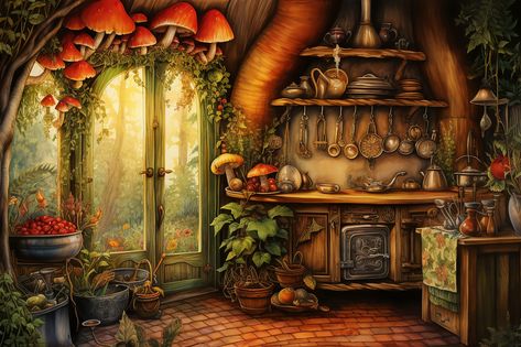 A magical toadstool kitchen for a fairy, gnome, or little tiny witch. This cozy kitchen right out of a fairytale gives a peek into a magical realm where toadstools grown on the kitchen walls and a magical garden is just beyond the door.  Your space should reflect who you are and what you care about. Adding a pop of color to your walls is an easy way to inject some personality into any room and put a smile on your face. * Paper thickness: 10.3 mil * Paper weight: 5.57 oz/y² (189 g/m²) * Giclée pr Fairy House Interior Illustration, Witch Room Illustration, Witch Cottage Interior, Fairy Kitchen, Toadstool Fairy, Witches Cottage, Kitchen Illustration, Fairy Gnome, Witch Fairy