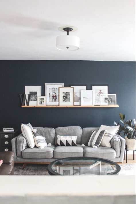 Living Room With Navy Walls, Living Room Designs Wall Color, Navy Grey And Wood Living Room, Living Room One Wall Painted, Navy Tv Room, Grey Couch Blue Walls Living Room Ideas, Navy Living Room Accent Wall, Dark Navy Blue Living Room, Navy Blue Tv Room