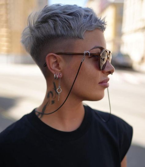 Undercut Pixie Cut, Hair Cuts And Styles, Short Grey Haircuts, Female Mohawk, Grey Hair And Glasses, Shaved Pixie, Shaved Hair Cuts, Short Shaved Hairstyles, Short Ombre Hair