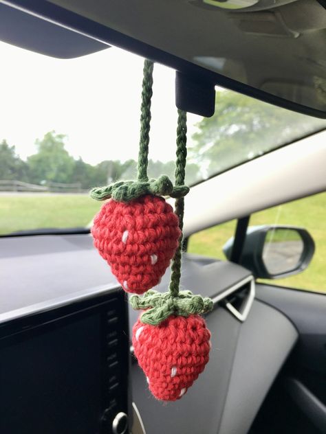 Strawberry Crochet Car Hanger, Crochet Strawberry Car Hanging, Crochet Hanging Car Accessories, Crochet Rearview Mirror Decoration, Crochet Mirror Hanging, Crochet Rearview Mirror, Crochet Car Charm, Crochet Car Decor, Crochet Strawberries