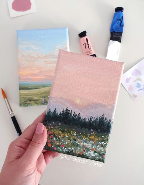 Watercolor In Canvas, Easy Flower Landscape Painting, Paintings On Tiny Canvases, Cute Artwork Ideas, Dainty Painting Ideas, Mini Nature Paintings, Pink Sunset Painting Acrylic, Pretty Things To Paint, Small Paintings Ideas