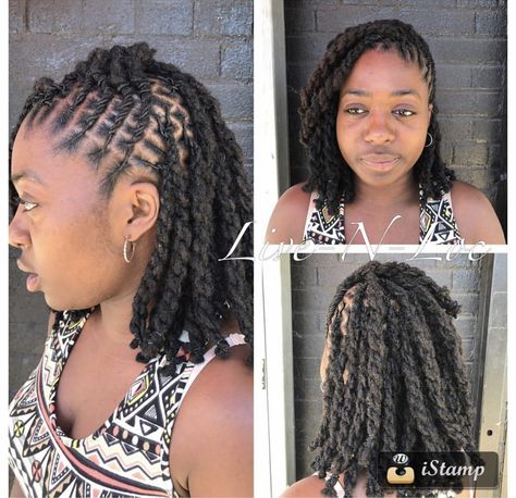 Layed Braid Back Loc Styles, Loc Flat Twists, Retwist Styles For Locs Women, Medium Long Loc Styles, Lox Styles For Women Long, Loc Side Styles, Locs Rope Twist Styles, Short 2 Strand Twist Loc Styles, Loc Styles For The Beach