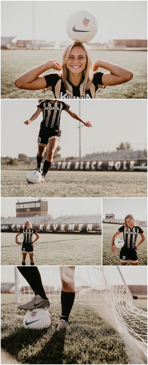 Soccer Action Poses, Soccer Field Senior Pictures, Cool Soccer Photos, Senior Picture Ideas Sports Soccer, Soccer Action Photography, Senior Sports Pictures Soccer, Soccer Senior Portraits, Senior Soccer Banner Ideas, Soccer Photography Ideas