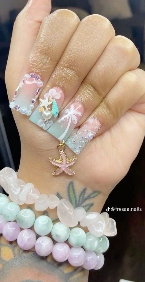 Pink Tropical Nails, Valentines Nails French, Nail Inspo Hello Kitty, Duck Nails Short, French Tip Nails Pink, Azul Nails, Nails Sanrio, Nails Freestyle, Nails Charm