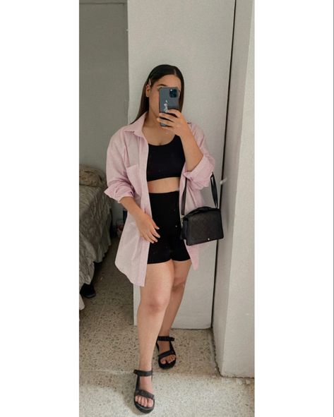 Big Shirt Biker Shorts Outfit, Biker Shorts Romper Outfit, Biker Shorts With Button Down Shirt, Biker Shorts Outfit Midsize, Biker Short Outfits Summer, Pink Biker Shorts Outfit, Plus Size Biker Shorts Outfit, Biker Shorts Outfit Summer, Biker Shorts Black