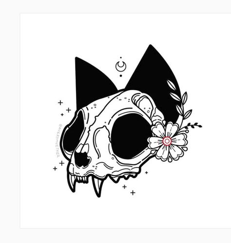 Bad Luck Aesthetic, Bad Luck Tattoo, Cat Skull Drawing, Cat Skull Art, Luck Illustration, Cat Skull Tattoo, Spooky Tattoos, Cat Skull, Skull Drawing