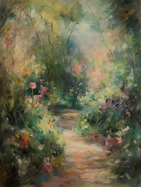 French Country Art A Summer Morning Walk Impressionist Garden Art Floral Painting DIGITAL DOWNLOAD - Etsy Impressionist Digital Art, French Art Paintings, Vintage Painting Ideas, Art Inspo Painting, Painting Inspo Aesthetic, March Painting, French Countryside Aesthetic, Modern Impressionist Art, Flower Garden Painting