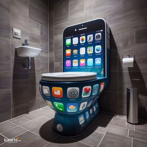 iPhone Inspired Toilet	🚽📱	Bring the latest in technology to your bathroom with an iPhone Inspired Toilet. Featuring sleek lines and touchscreen controls, this innovative toilet brings the convenience of modern smartphones to your daily routine. Elevate your bathroom experience with the iToilet, where every flush is a touch of luxury. 🌟🚽📱 Unusual Toilets, Art For Bathrooms, Crazy Bathrooms, Cool Toilets, Luxury Bathroom Accessories, Bathroom Technology, Travel Bathroom, Bathrooms Luxury, Luxury Toilet