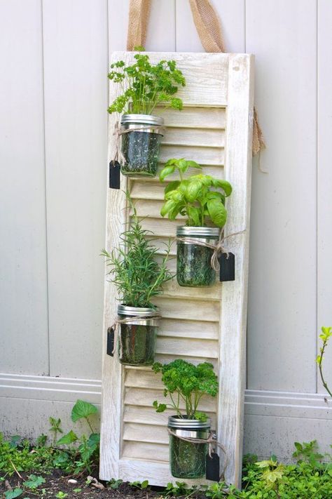 DIY Deck Projects - Spring Flowers, Shutter Herb Garden, Gutter Garden http://deckmax.com/diy-deck-projects-spring-flowers/ Old Shutters Decor, Shutters Repurposed Decor, Mason Jar Herbs, Mason Jar Herb Garden, Shutter Decor, Diy Shutters, Old Shutters, Indoor Herb Garden, Herbs Indoors