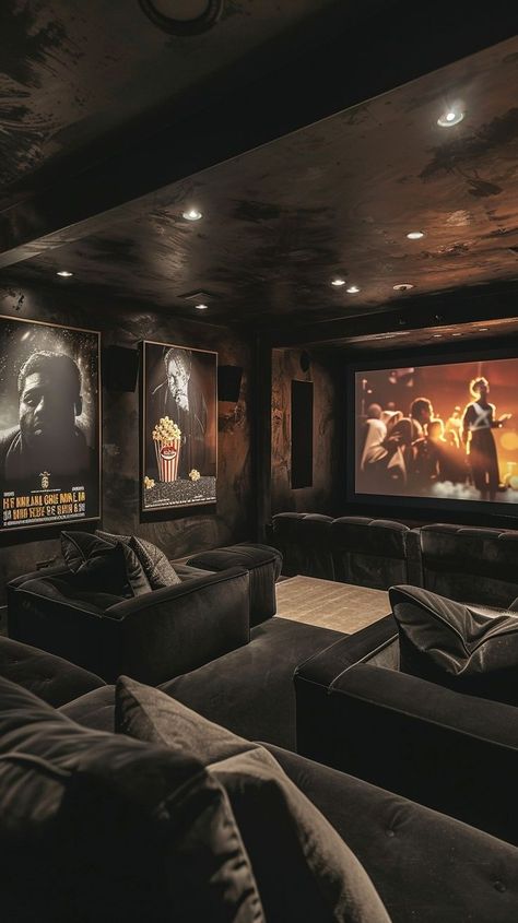 Elegant home cinema room with plush seating, ambient lighting, and iconic movie posters for a cozy and immersive movie-watching experience. Home Theater Room Decor, Cozy Movie Room, Basement Movie Room, Theater Room Decor, Movie Theater Rooms, I Like U, Home Theater Room, Malibu Home, Home Cinema Room