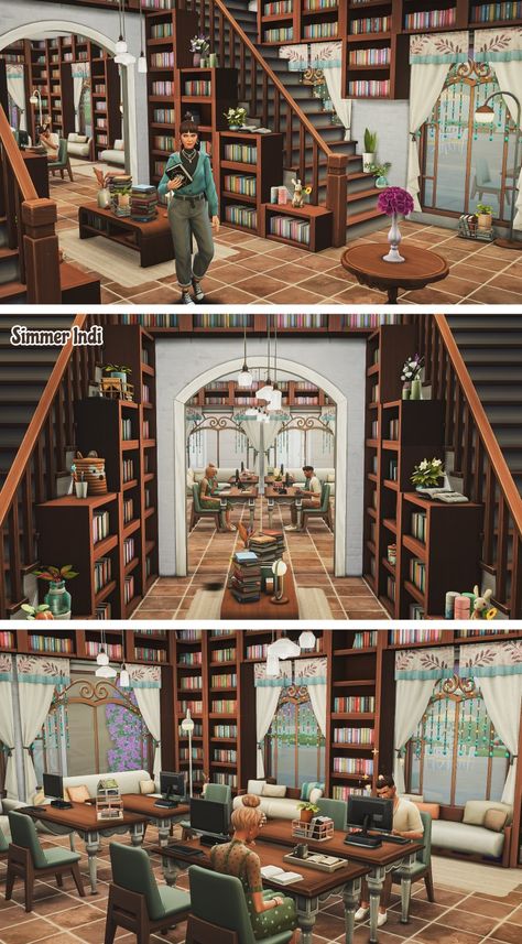 Sims 4 Book Nook Kit, Sims4 Library Ideas, Sims 4 Build Ideas Interior, The Sims 4 Community Builds, Sims 4 Library Layout, Sims 4 Home Library, Sims 4 Library Interior, Book Nook Sims 4, Bloxburg Library Interior