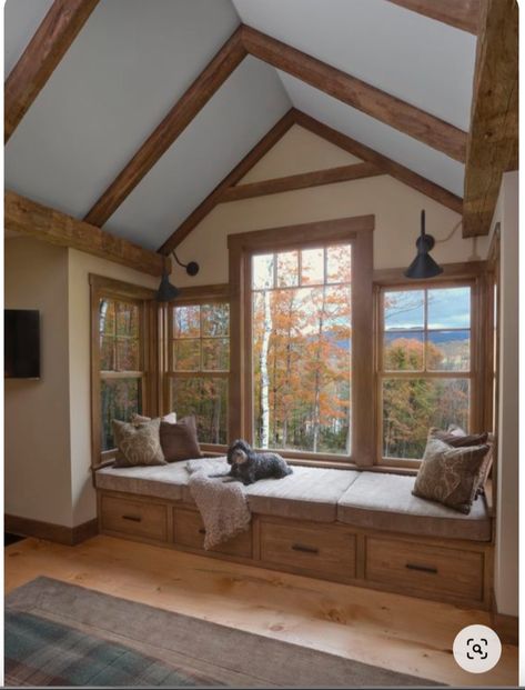 Chalet Windows, Cabin Window Treatments, Camp Bedroom, Poconos Cabin, Bathroom Ideas Storage, Decor Small Bathroom, Cabin Windows, Bathroom Ideas Black, Outdoor Pool Area