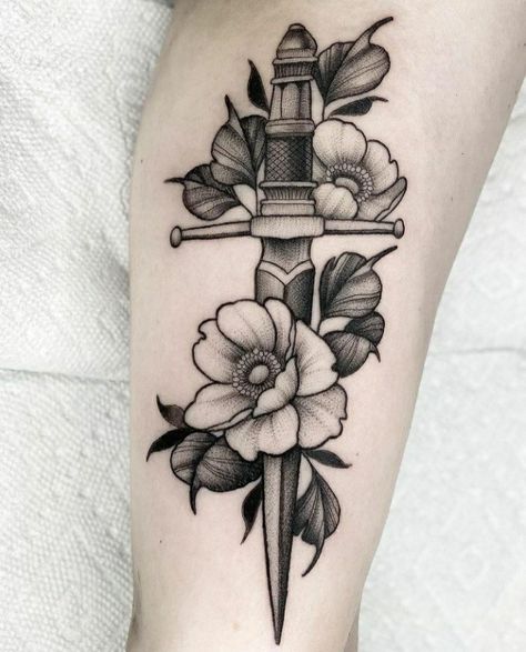 Floral Knife Tattoo, Dagger Tattoo Forearm, Dagger And Flower Tattoo, Knife With Flowers Tattoo, Flower Dagger Tattoo, Dagger With Flowers Tattoo, Dagger Flower Tattoo, Floral Dagger Tattoo, Scythe Tattoo Design