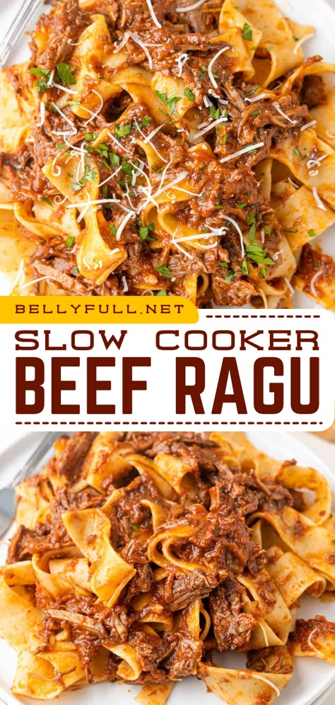 Including chuck roast, fire-roasted tomatoes, aromatics, and red wine, this Slow Cooker Beef Ragu has a deep, rich flavor bursting in every bite. Serve over pappardelle or your favorite noodles for an easy weeknight dinner. Italian Beef Ragu, Vikalinka Recipes, Beef Ragu Recipe, Slow Cooker Italian, Chuck Roast Recipes, Slow Cooker Italian Beef, Beef Ragu, Ragu Recipe, Italian Foods