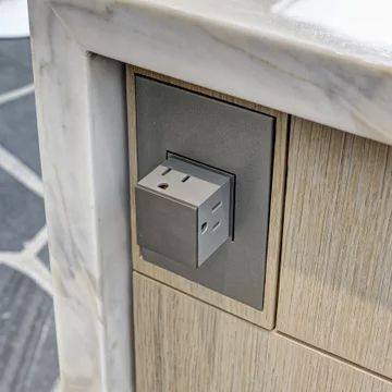 Outlets In Kitchen Island, Large Kitchen Ideas, Hidden Outlets, Kitchen Outlets, Vaulted Ceiling Kitchen, Modern Grey Kitchen, Stainless Steel Farmhouse Sink, Grey Kitchen Floor, Ideas For Storage