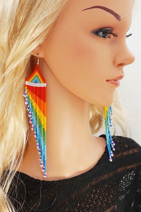 Pride Seed Bead Earrings, 100th Day Of School Crafts, Lesbian Earrings, Pride Earrings, Extra Long Earrings, Duster Earrings, Native Crafts, Butterfly Wing Earrings, Artisan Fashion