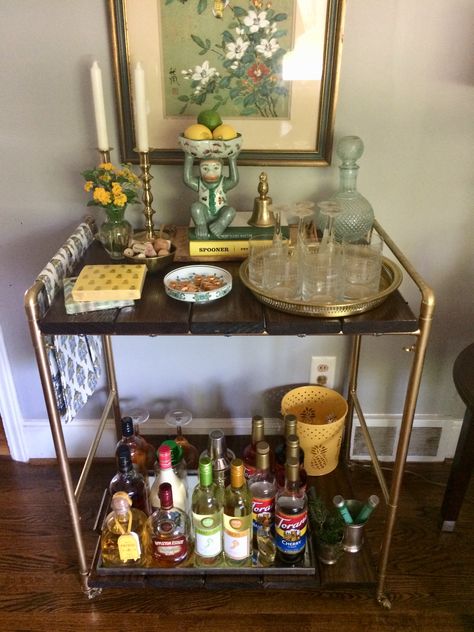 Cottage Core Bar Cart, Wooden Bar Cart Styling, Antique Bar Cart Styling, Bar Cart Alternative, Repurpose Bar Cart, Dark Academia Bar Cart, Bar Cart Inspo Vintage, Bar Cart Inspo College, Mcm Bar Cart