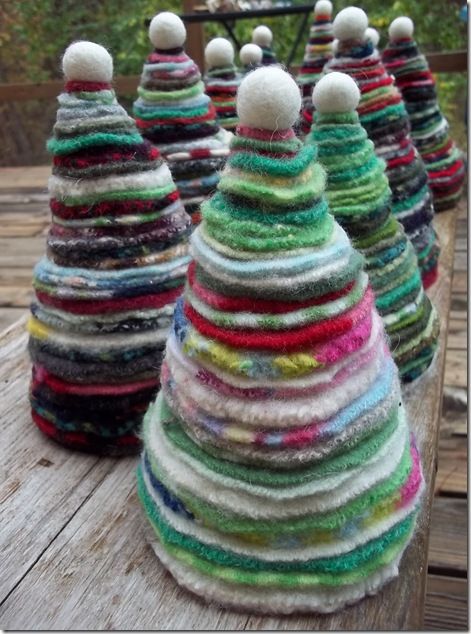 felt trees - another great idea for all of my felted wool scraps!  hmmmm Felted Wool Crafts, Recycled Sweaters, Felt Tree, Felt Christmas Tree, Wool Crafts, Noel Christmas, Felted Wool, Felt Christmas, Xmas Crafts