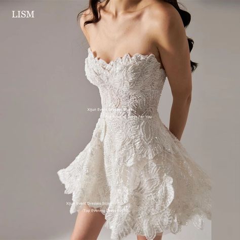 LISM Exquisite Glitter Lace Mini Wedding Dresses Sexy Sweetheart A-Line Bridal Gowns Luxury Vestido Short White Dress Wedding, Knee Length Wedding Dress, A Line Bridal Gowns, Mini Wedding Dresses, Women Bride, Wedding Dress Fabrics, Mini Wedding, Mini Robes, White Short Dress