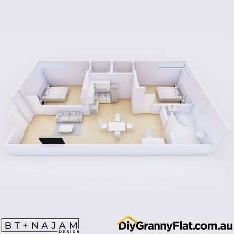 14 Popular 2 – Bedroom Granny Flat Designs – With All You Need - DIY Granny Flat 2 Bedroom Granny Flat Floor Plans, Two Bedroom Granny Flat Plans, 2 Bed Granny Flat Plans, Granny Annexe Floor Plans, Granny Flat Floor Plans, L Shape Granny Flat, 2 Bedroom Granny Flat, Granny Flats Australia, Flat Design Ideas