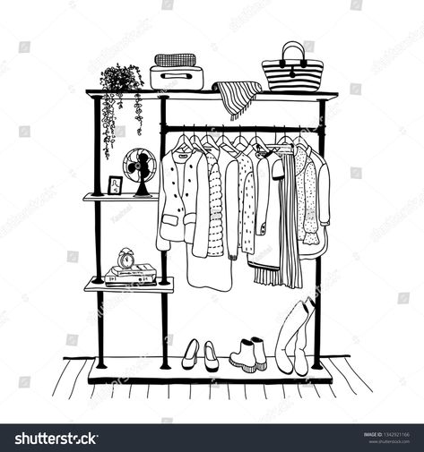 Outline drawing of clothes hanger in the interior of the room, sketch by hand with contour lines. Vector illustration #Ad , #ad, #hanger#interior#room#Outline Room Outline, Cloth Hanger Stand, Drawing Of Clothes, Room Sketch, Dress Room, Contour Lines, Interior Architecture Drawing, Clothes Drawing, Tree Drawings Pencil