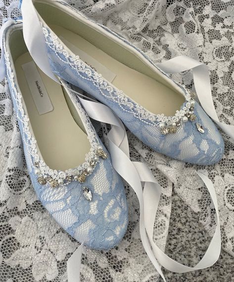 Size: 8 ready to ship as shown in picture White shoes/Blue lace If, you need other sizes please follow link below: https://www.etsy.com/listing/1078914054/brides-blue-lace-ballerina-shoes-ivory? Stunning Style, for those brides whose gown has silver accents Trims:  embroidered venice lace, pearls, crystals, rhinestones, Super elegant fit for a princess!! I only have lace for 8 pairs. SHOES COLORS: Off-White, WHITE,  Or IVORY  Overlaid Lace: Blue as pictured. (Please Note: These are NOT Professio Something Blue Shoes, Ciel Black Butler, Lace With Pearls, Professional Ballerina, Style Flats, Ballet Style, Ballerina Slippers, Stunning Style, Ballet Fashion