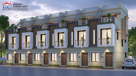 3BHK ROW HOUSE ELEVATION Row Housing Elevation Design, Row House Elevation Design, Row House Elevation, Small Row House Design, Row Housing, Small Shop Design, Row House Design, House Terrace, Gates Design