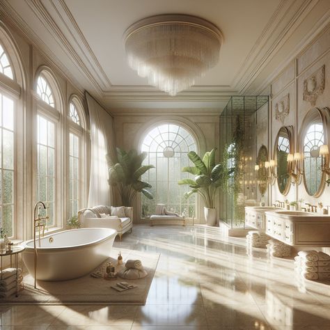 Bask in this luxurious, light-filled master bathroom adorned with ivory and cream hues, a grand claw-foot tub, and state-of-the-art rain shower. Marble sinks and a cozy reading nook add to the sophistication. #LuxuryBathroom #BathroomDesign #InteriorDesign #BathroomInspiration #MarbleSinks #ClawFootTub Old Money Mansion Bathroom, Bathroom With Couch, Luxury Bathroom Design Master Baths, Chair In Bathroom, Big Luxury Bathroom, Old Money Bathroom, French Villa Interior, Mansion Bathroom, Shower Marble